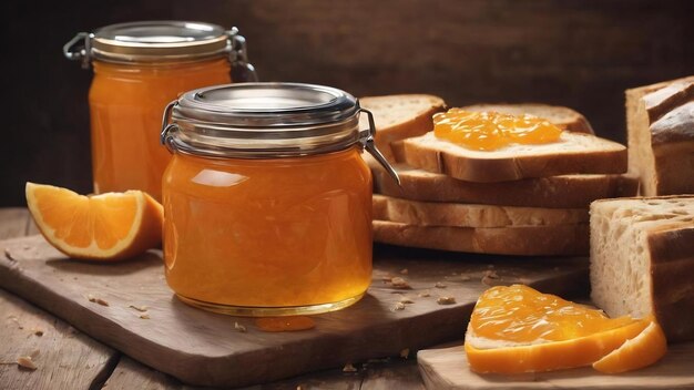 Marmalade and bread on wood