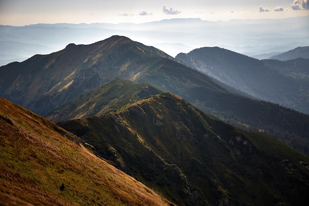 Marmaros Mountain range in autumn Carpathian Mountain Ukraine Walking and hiking trails in MArmaros ridge Rural area of carpathian mountains in autumn