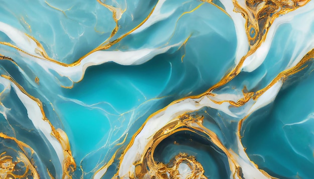 Marmer acryl vloeibare textuur in turquoise kleuren met gouden spatten