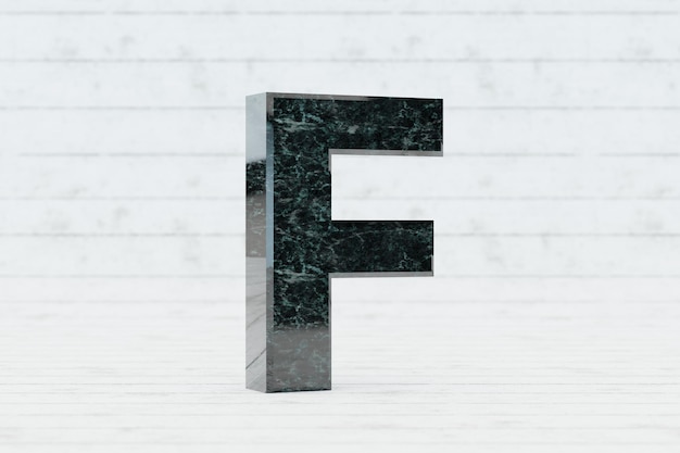 Marmeren 3d letter F hoofdletters. Donkergroene marmeren brief op witte houten achtergrond. 3D-gerenderde lettertype karakter.