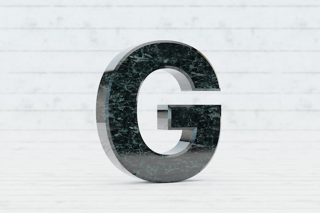 Marmeren 3d letter G hoofdletters. Donkergroene marmeren brief op witte houten achtergrond. 3D-gerenderde lettertype karakter.