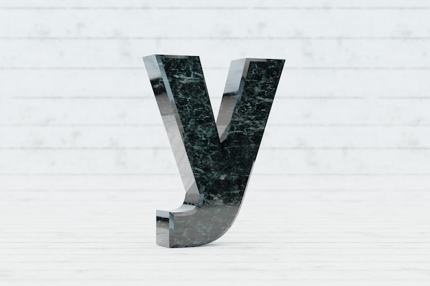 Marmeren 3d letter Y kleine letters. Donkergroene marmeren brief op witte houten achtergrond. 3D-gerenderde lettertype karakter.