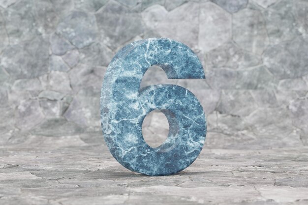 Marmeren 3d nummer 6. Blauw marmeren nummer op stenen achtergrond. 3D-gerenderde lettertype karakter.