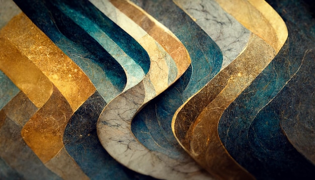 Marmeren effect achtergrond of textuur Spectaculaire abstracte glinsterende gouden vaste vloeibare golven Wervelende gouden en blauwe pastel patroon glanzende gouden kleur marmer geometrische vintage