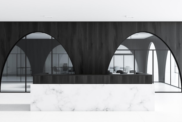 Marmeren en houten receptie in een moderne kantoorlobby met een witte vloer, gewelfde donkere houten wanden en panoramische ramen. 3D-rendering mock-up