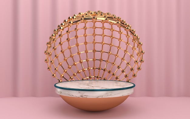 Marmeren halfrond in de kooi, abstracte geometrische vormgroepset, roze achtergrond, ronde gouden kooi, 3D-rendering, scène met geometrische vormen, minimalistische mode-scène