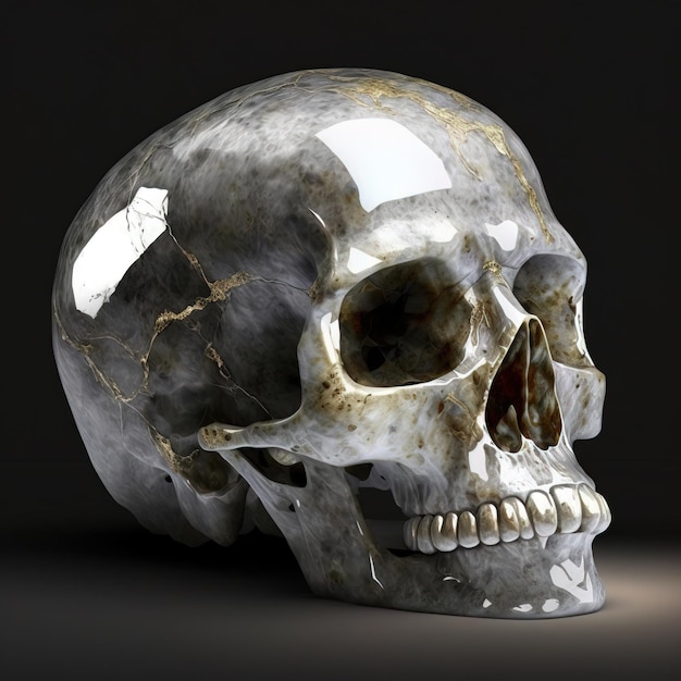 Marmeren menselijke schedel gouden hoogtepunten hol zeer kwetsbaar oppervlak met veel gaten