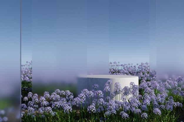 Marmeren podium op natuurlijke paarse bloementuin met matglas en heldere blauwe hemel 3D-rendering