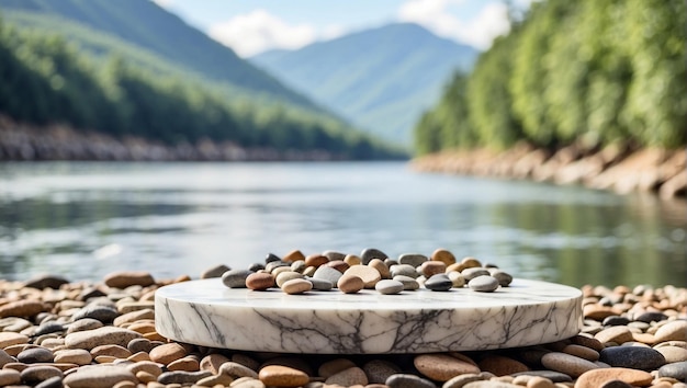 Marmeren podium voor productpresentatie op rivierkiezels met een wazige rivierachtergrond