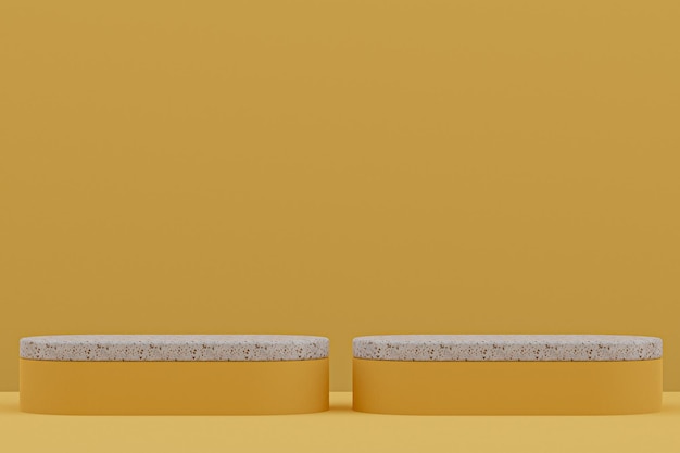 Foto marmeren podiumplank of leeg productstandaard minimalistische stijl op gele achtergrond voor cosmetische productpresentatie.