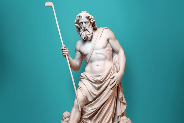 Marmeren standbeeld van een oude Griekse god Zeus die golf speelt Sculptuur met een golfclub Schoonheidsnormen vrije tijd ideaal lichaam sportactiviteit fitness sport levensstijl concept AI gegenereerd