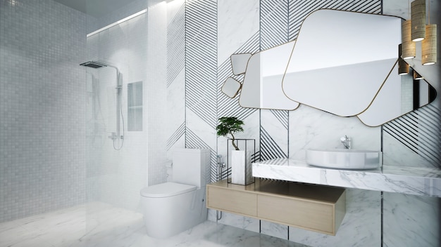 Marmeren tegel muur badkamer en toilet en decoratie, mock-up interieur, 3D-rendering