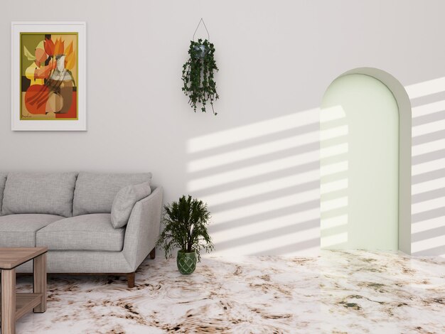 Marmeren vloer luxe interieur met bankplant en witte muur met hangende plantenpot