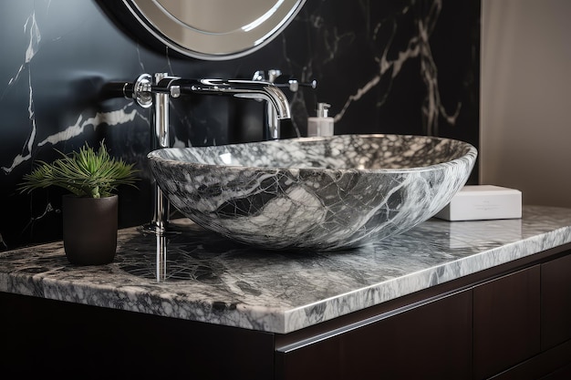 Marmeren wastafel met zilveren armatuur close-up badkamer interieur ontwerp ai generatief