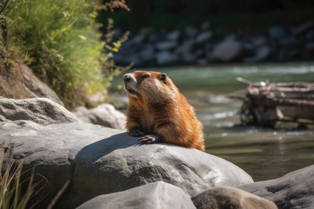 A Marmot Sunbathing Near A River Generative AI