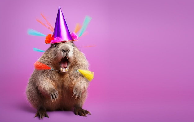 A marmot wearing a party hat is on a pink background.