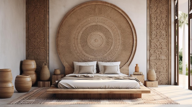 Foto marokkaanse muur die boven een houten bed hangt boheemse decor