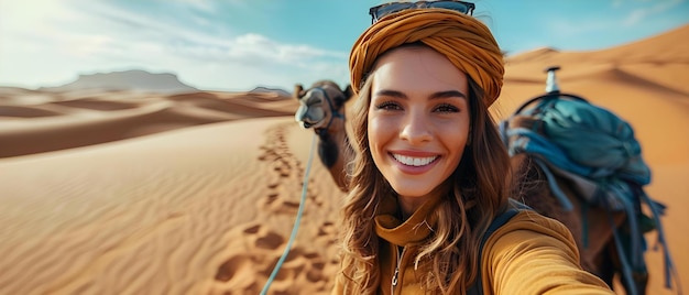 Foto marokkaanse vrouw begint aan een sahara-avontuur en vangt momenten vast met kamelen in gouden duinen concept travel photography desert adventure cultural exploration nature exploration animal encounters