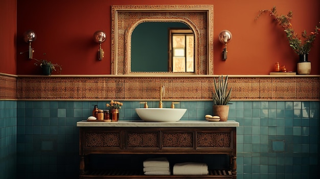 Foto marokkaanse zellige-geïnspireerde badkamermuur blauwe en rode elegantie