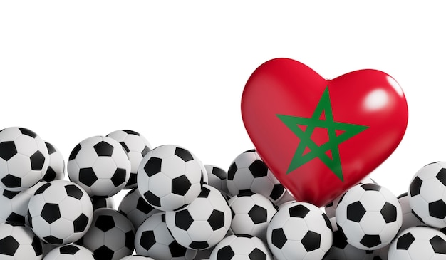 Marokko vlag hart met een voetbal achtergrond Voetbal banner 3D-rendering
