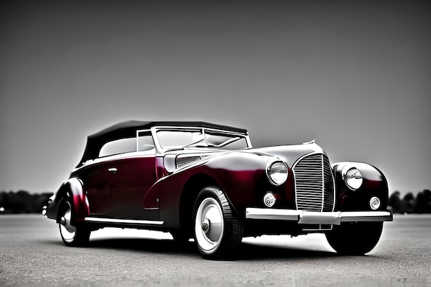 Maroon classic car on black and white background