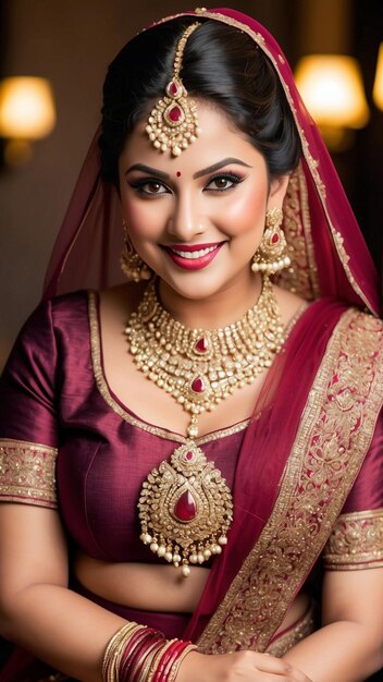 Maroon Majesty Empowering Portrait of a Confident Overweight Indian Bride in Rich Maroon Lehenga Celebrating Tradition Generative AI