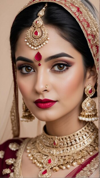 Photo maroon majesty enchanting portrait of an indian bride in a maroon lehenga embellished with exquisite bridal finery generative ai