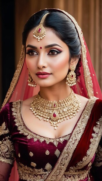 Maroon Majesty Stunning Portrait of an Indian Bride in Rich Maroon Lehenga and Exquisite Jewelry Generative AI