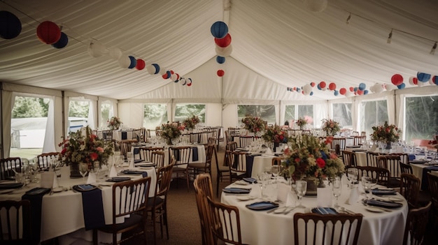 A marquee for a wedding reception with red, white and blue decorations