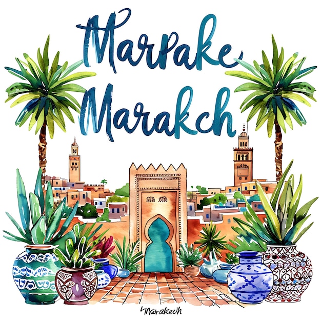Marrakech Text With Vibrant Hand Painted Typography Design S Watercolor Lanscape Arts Collection