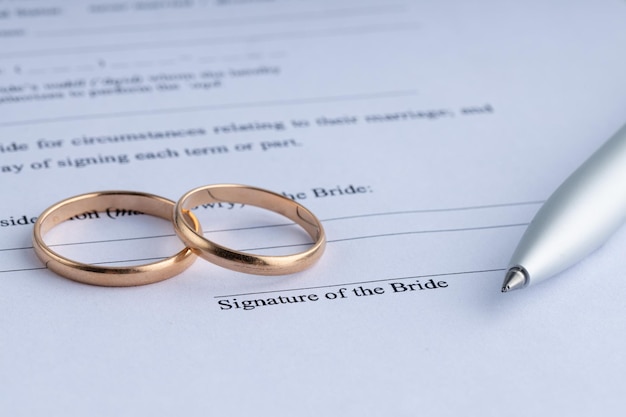 Photo marriage contract form of prenuptial agreement with a pair of wedding rings