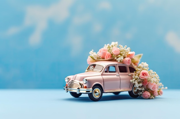 Marriage symbolized by gold rings on toy car with flowers blue background