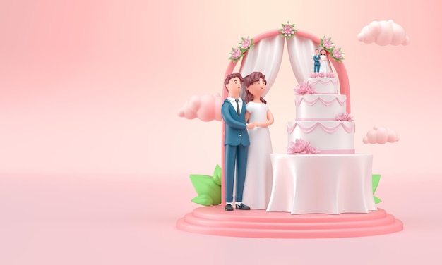 3 d のウエディング ケーキ 3 d イラストレーションと祭壇で結婚されていたカップル