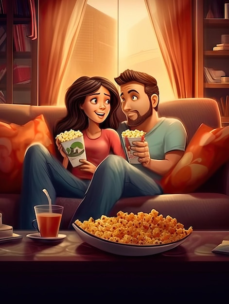 Семейная пара смотрит фильм на большом экране, сидя дома на диване Откровенное изображение пары