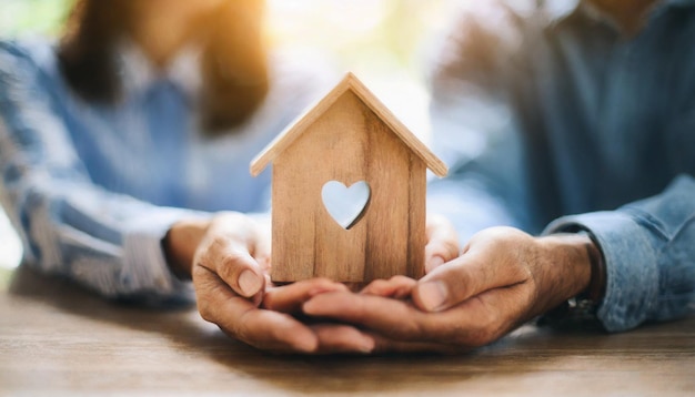 結婚したカップルが手をつないで木製の家を握っているこれは住宅所有権と不動産の願望を象徴している
