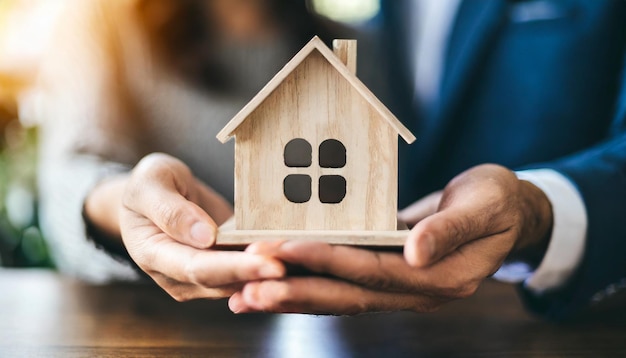 married couples hands holding wooden house symbolizing home ownership and real estate aspirations