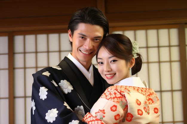結婚した日本人カップルが ⁇ 伝統的な服装のキモノとハカマボケスタイルの背景で笑顔でポーズをとっています ⁇ 
