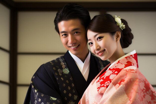 married japanese couple smiling posing together in traditional clothing kimono and hakama bokeh style background