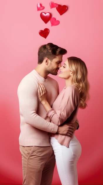 Married lovely couple cuddle and kissing on pink valentine background