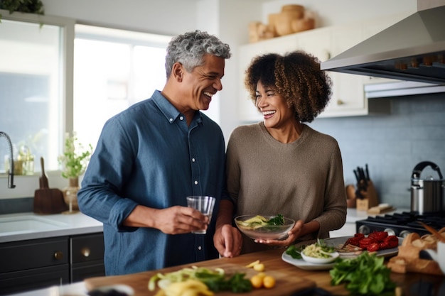 Married young multiracial couple cooking in the kitchen