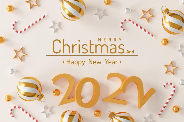 Marry christmas and happy new year decorations with a golden\
silver ball and golden star on white background. 3d\
illustration