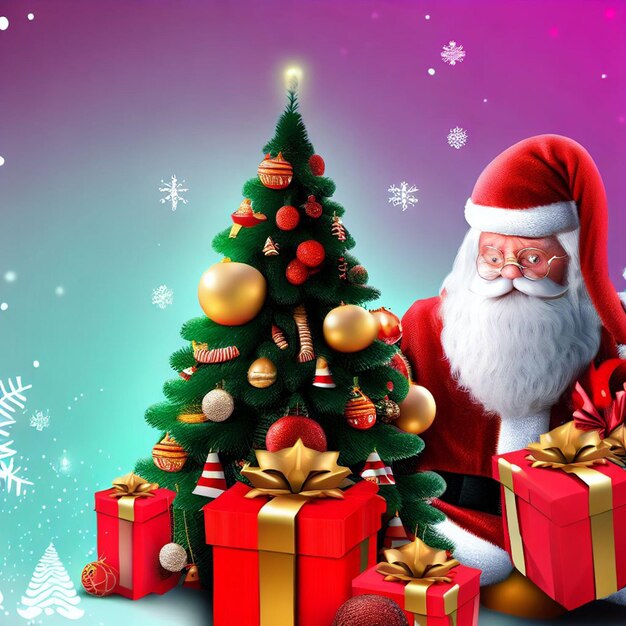 Marry christmas posterflyerbanner free photos and background with christmas treesanta clausgift