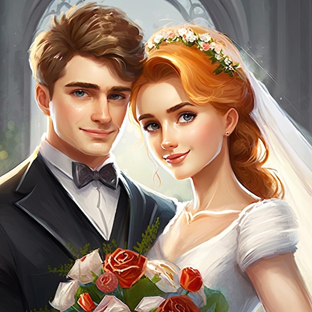 Marry husband and wife beautiful young couple portrait Happy people on wedding ceremony ai generated cartoon characters illustration Bride and groom in marriage suits bridal bouquet