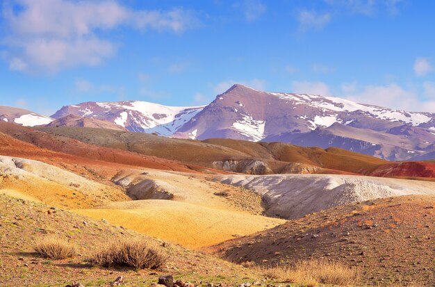 アルタイ山脈の火星色とりどりの粘土が露出した川のテラスの斜面