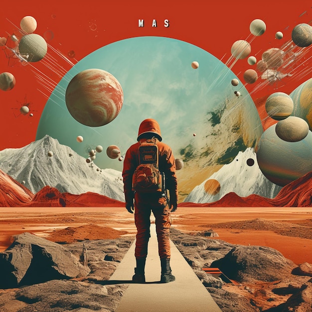 Mars collage with explorer discovering the planet