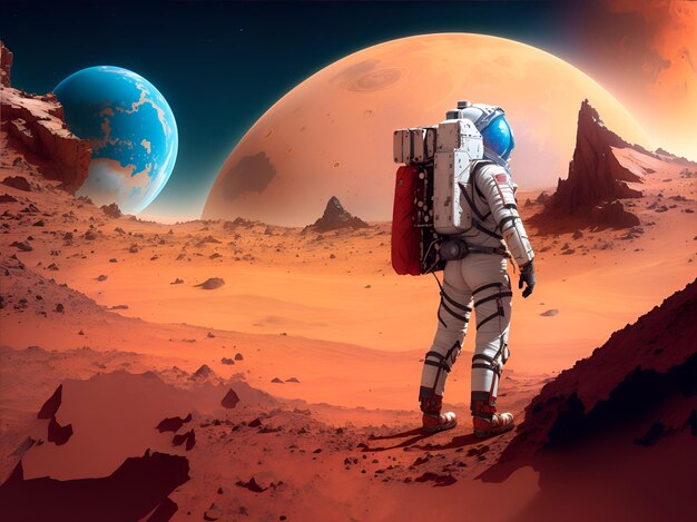 Mars collage with explorer discovering the planet