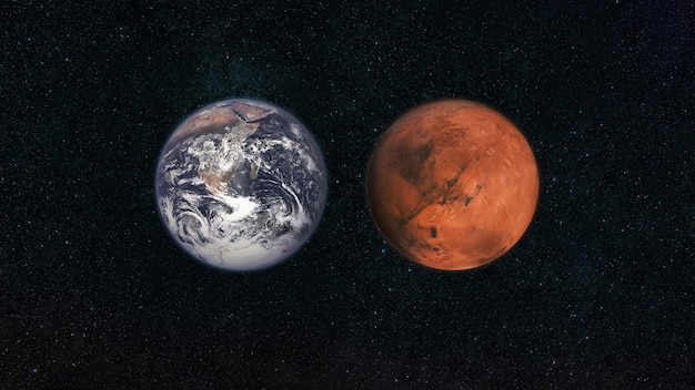 Mars and Earth. Planets of the solar system in a dark blue starry sky in space