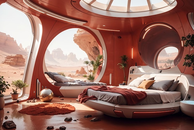 Photo mars habitat oasis design a futuristic bedroom for red planet colonists