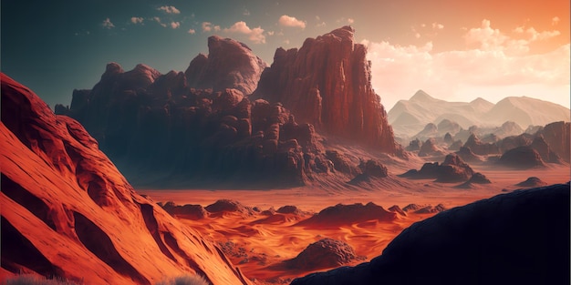 Mars het landschap van de rode planeet met woestijn en bergen