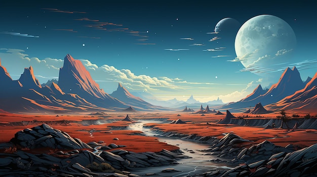 Mars landscape alien planet background red desert surface with mountains craters saturn